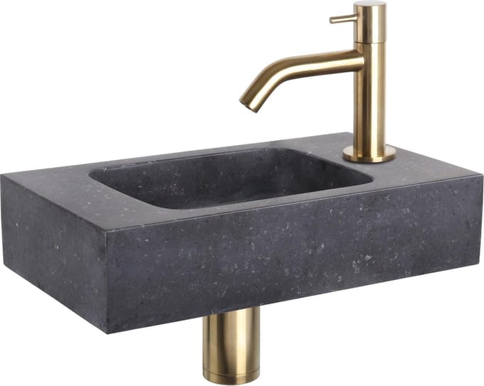 Differnz Fonteinset Bombai black - Natuursteen - Kraan gebogen mat goud - 40 x 22 x 9 cm