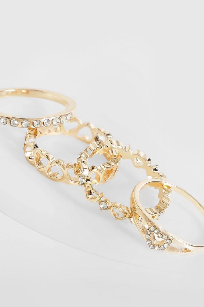 boohoo Dames Heart Detail Multi Ring Pack | Goud | Maat: Small/Medium