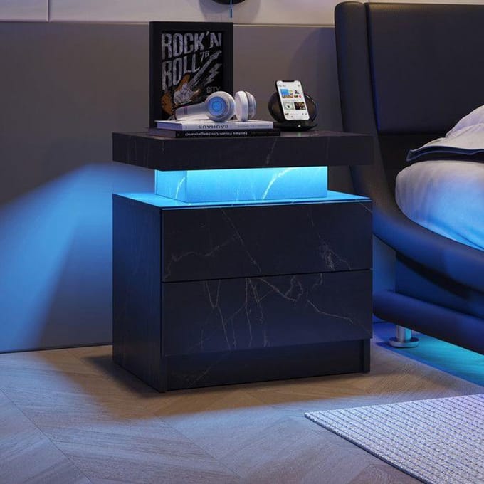 Table de chevet LED - MUVOE - Noir Or - 2 Tiroirs - Eclairage multicolore - Design moderne noir