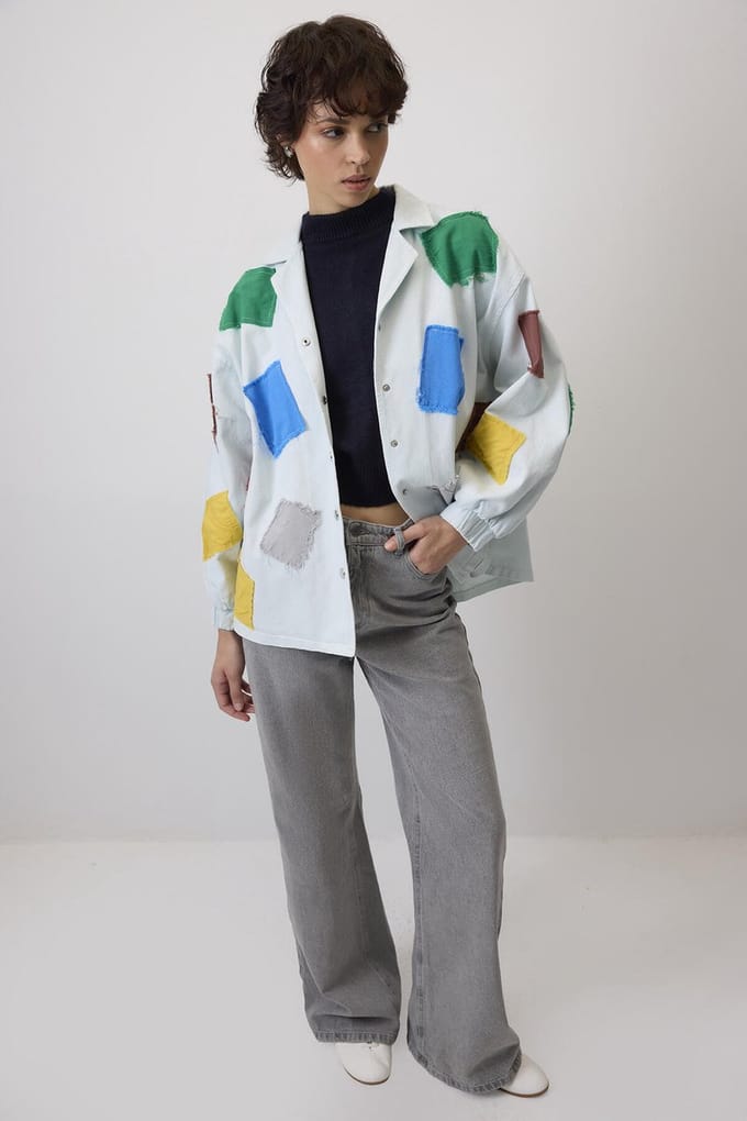 Touché Privé - Gabardine jasje met gekleurde patches - Ijsblauw - Dames