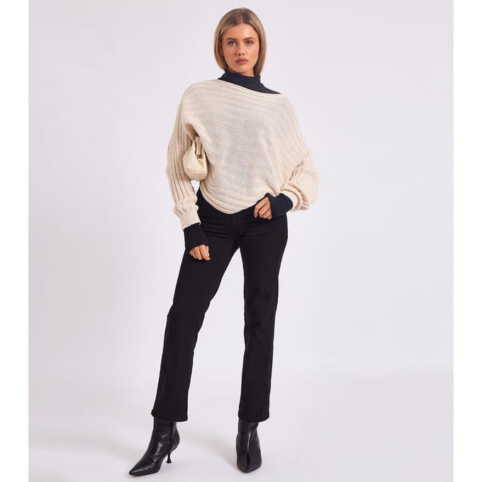 Gestreepte gebreide oversized trui met vleermuismouwen