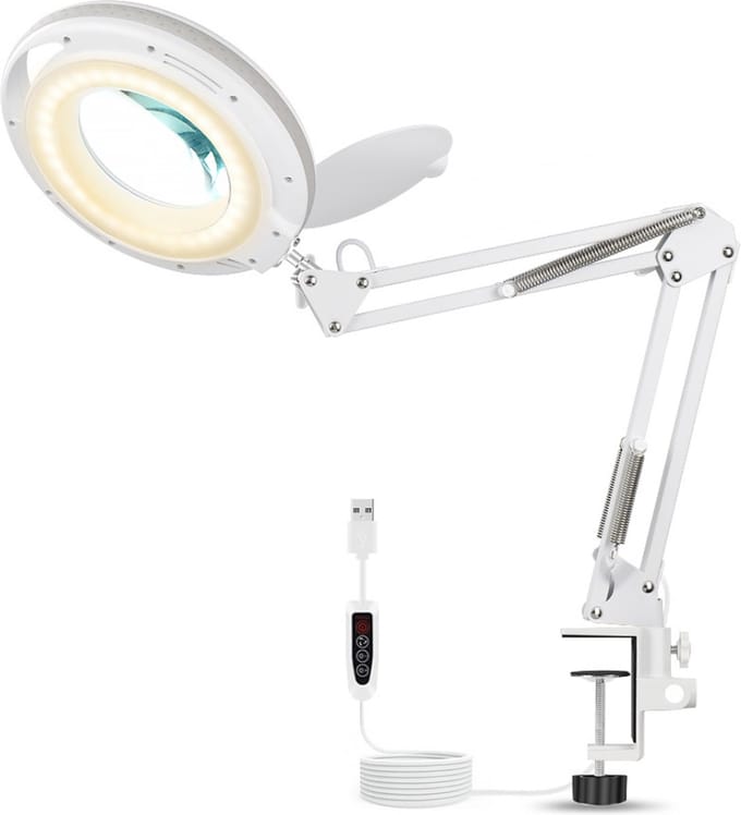 Bolture Staande Loeplamp met LED Verlichting - Vergrootglas met Standaard - Bureaulamp met Klem - Dimbaar - 5X Vergroting - Wit