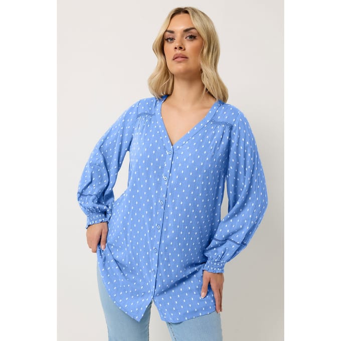 Yours Blauwe Dobby Top Met Lange Mouwen Size 50-52