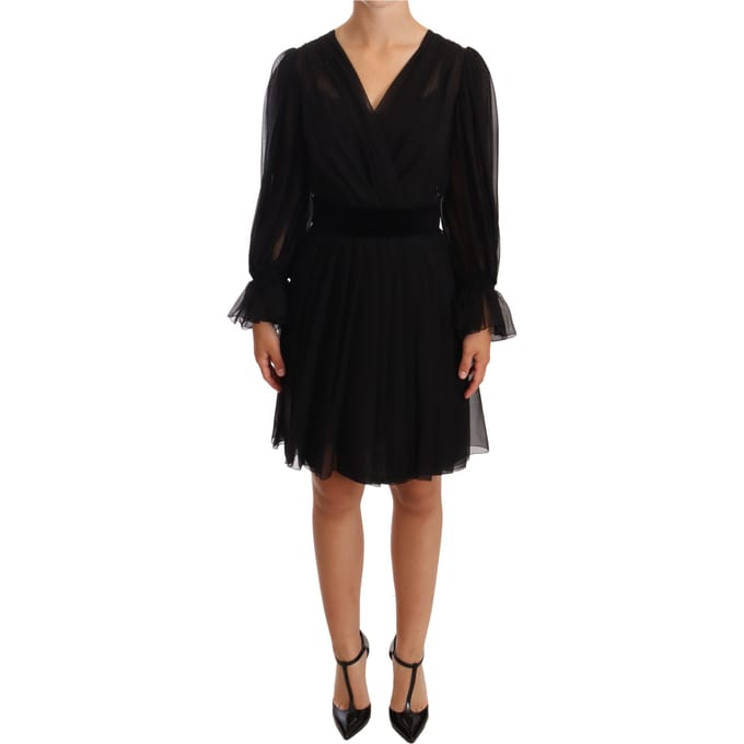 Dolce & Gabbana Dames Zwarte Mesh Plissé Mini Zijden Stretch Jurk