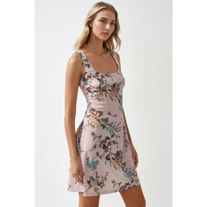 Bodycon Mini Jurk met Vierkante Kraag en Bloemenprint