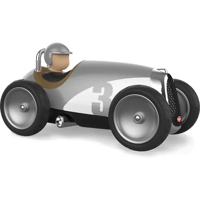 BAGHERA Speelgoedauto - Racing Car Zilver - Vintage - In Geschenkdoos - 1 Jaar