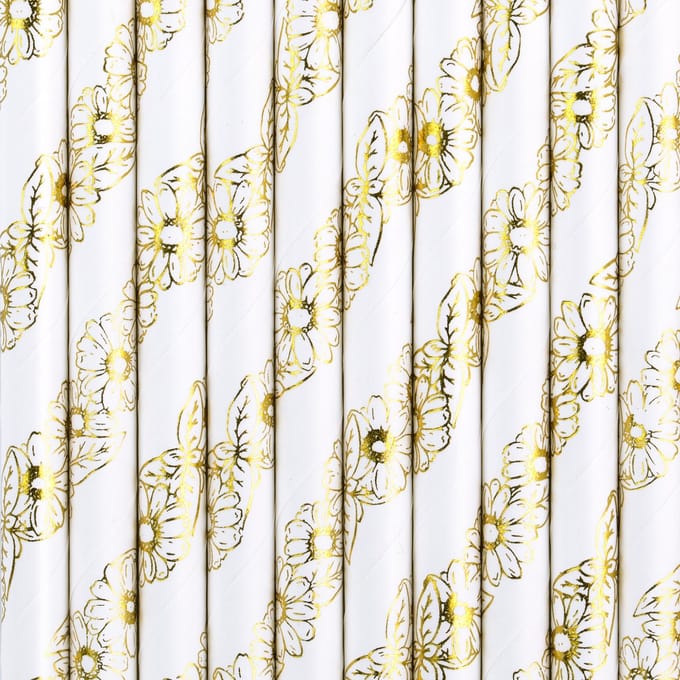 Partydeco Drinkrietjes - papier - 30x - wit/goud bloemen - 19,5 cm - rietjes