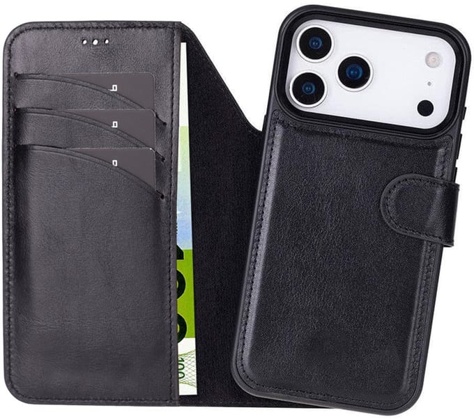 Pulledro geschikt voor iPhone 17 Pro Uitneembare Lederen BookCase - MagSafe - RFID - Rustic Black