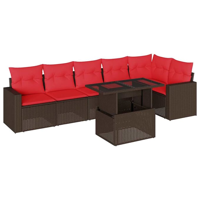 vidaXL - 7-delige - tuinbankset - met - kussens, - bruin - polyrotan