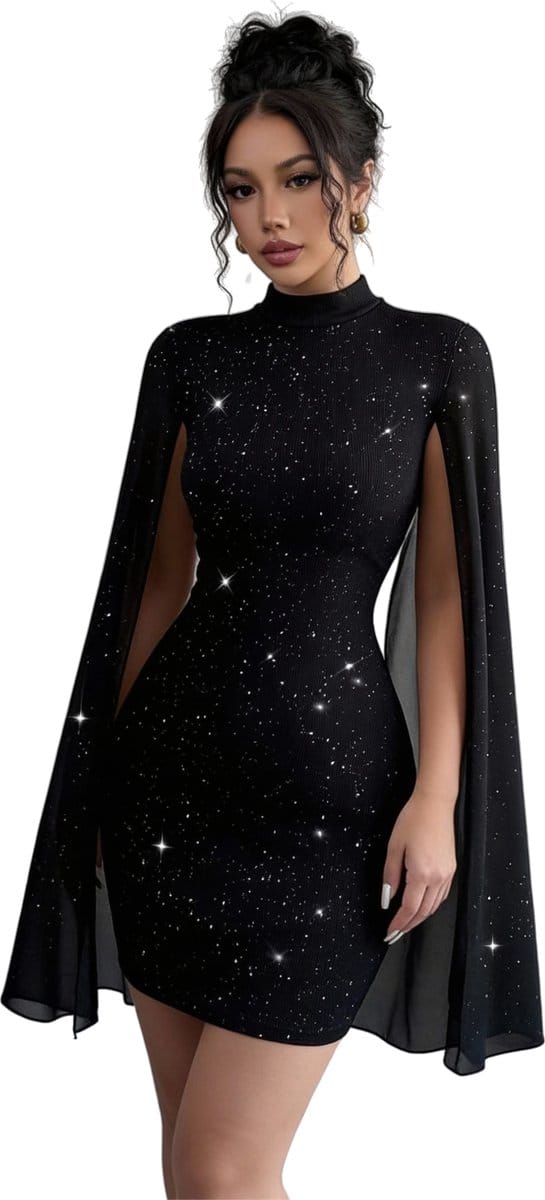 Zwarte Glitter Jurk - Cape Mouwen - Kort - Feest