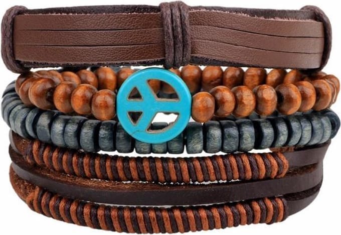 Fako Bijoux® - Leren Armband - Leder - Set Vintage - Peace