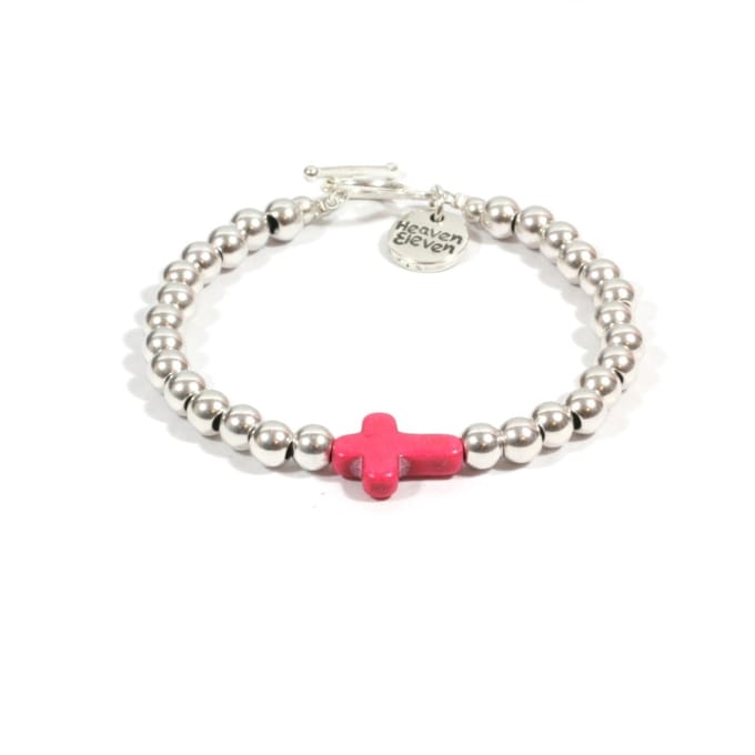 Heaven Eleven dames Armband RVS kralen - pink kruisje