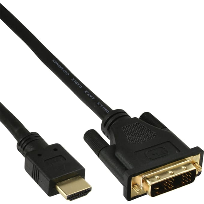 InLine® HDMI-DVI kabel, zwart/goud, HDMI male naar DVI 18+1 male, 2m