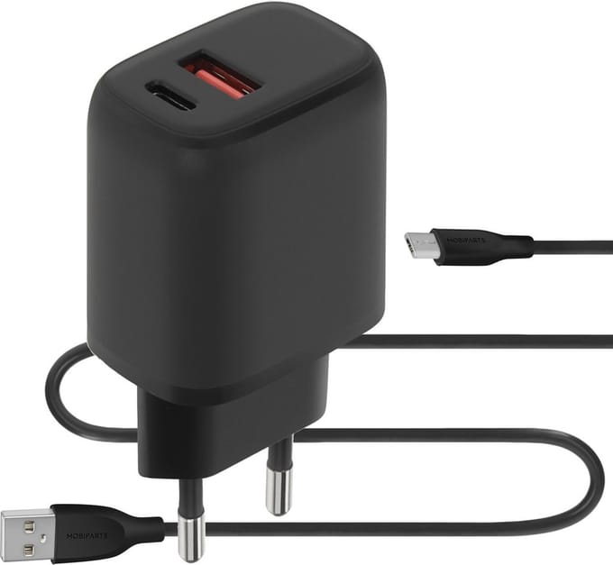 Mobiparts Wall Charger 20W Dual USB-C/USB-A with Micro USB Kabel - Zwart