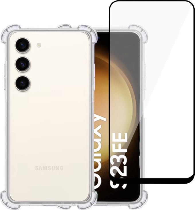 Hoesje + Screenprotector geschikt voor Samsung Galaxy S23 FE – Full Screen Tempered Glass - Extreme Shock Case Transparant
