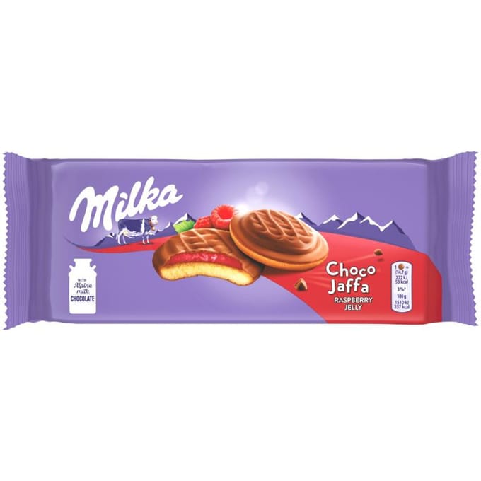 Milka Choco Jaffa Cakejes met frambozengelei omhuld met melkchocolade 147 g
