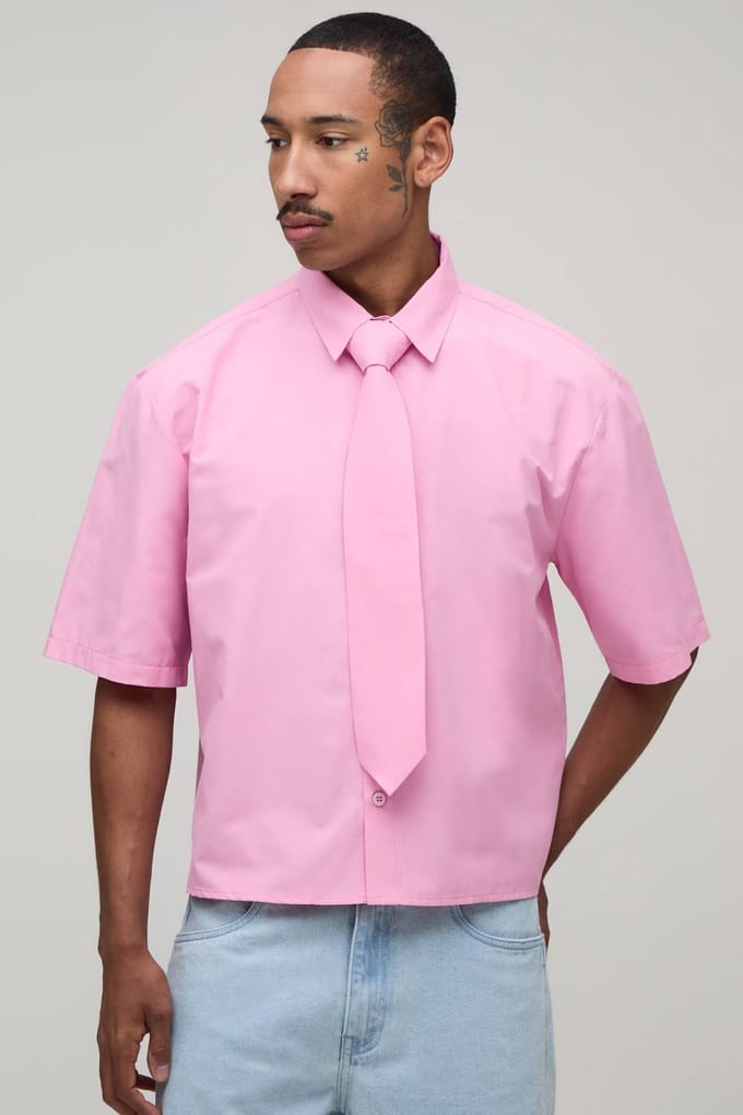 Oversized Boxy Shirt Met Halve Mouw En Stropdas | Pink | Size Large