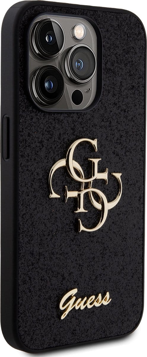 Guess 4G Logo Glitter Back Case - Geschikt voor Apple iPhone 15 Pro (6.1") - Zwart