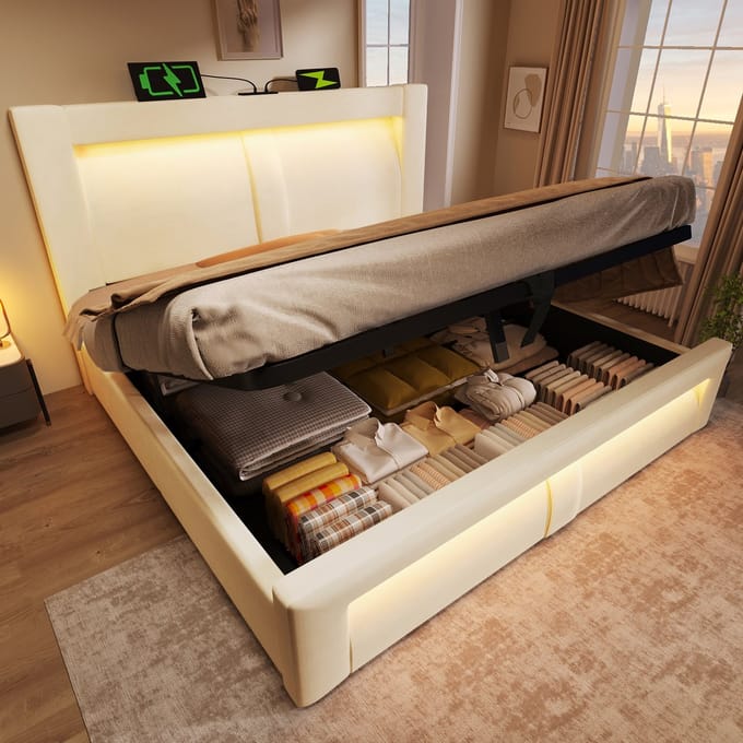 MODFU Tweepersoonsbed 140x200 cm – Met opbergruimte, LED & USB – Gebogen design – Fluweel – Beige