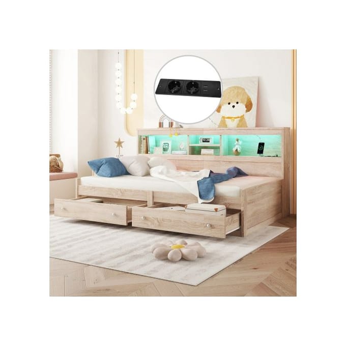Lit de jour - MUVOE - 90x200 cm - 2 prises USB - Lumière LED - Tiroirs de rangement naturel