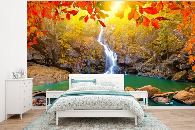 Behang - Fotobehang Stenen - Boom - Waterval - Herfst - Rood - Breedte 295 cm x hoogte 220 cm