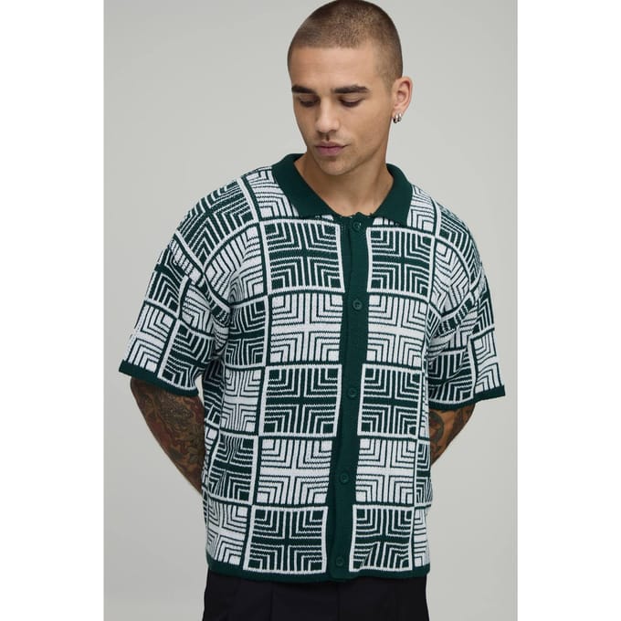 Boxy Fit Square Tapestry Button Up Knitted Shirt | Olive | Size Small