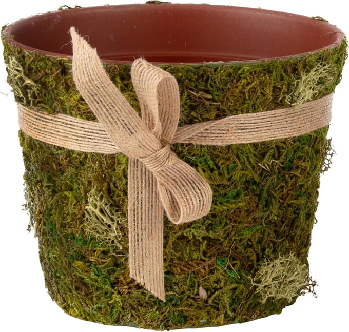 Dekoratief | Bloempot m/strik/mos, groen/naturel, 16x16x13cm | A240969
