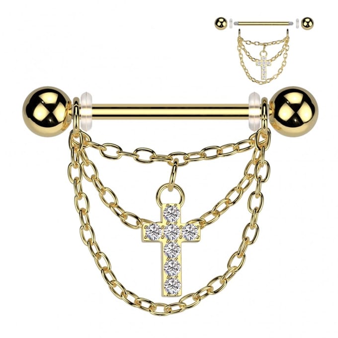 Piercing PVD ketting met kruis hanger 1.6x16 - goud - LMPiercings