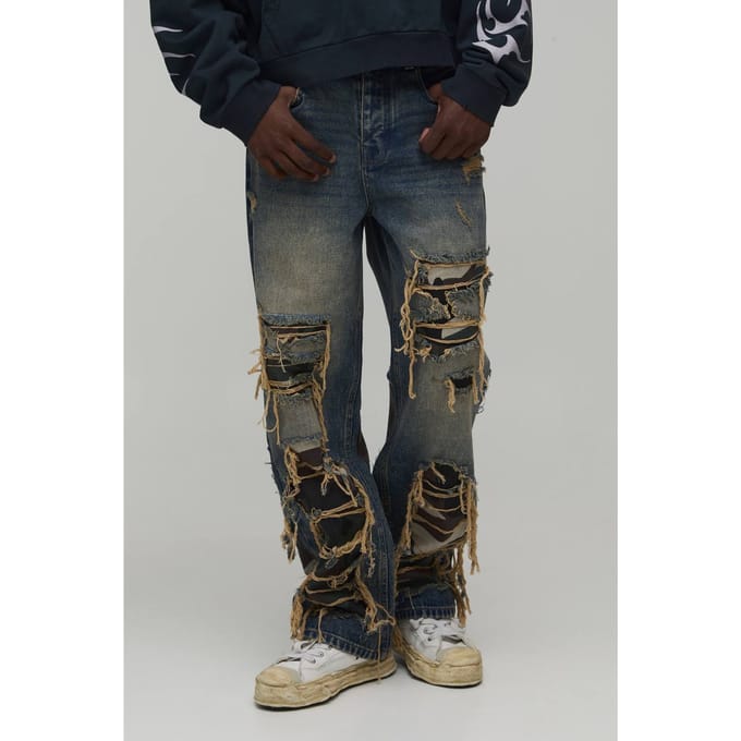 Gewassen Camo Rip & Repair Relaxed Fit Jeans | Antique Blue | Size 34R