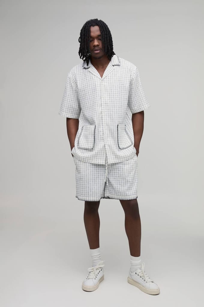 Tall Windowpane Check Blanket Stitch Oversized Short Sleeve Shirt & Baggy Short Set | White | Size Medium