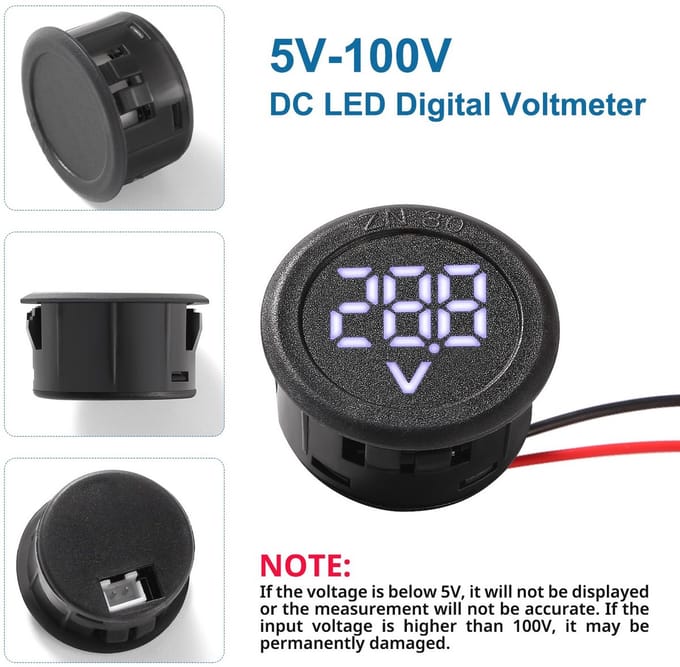 2Pcs DC LED Digitale Voltmeter 5V-100V – Ronde 2-draad Voltmonitort