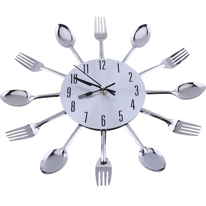 Grote 3D Spiegeloppervlak Zilver Modern Design Bestek Keukengerei Lepel Vork Wandklok DIY white