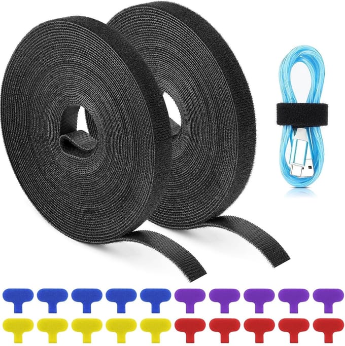 Dailygoods- Kabelbinders 2 Rollen van 5 m - Klittenband - Hersluitbaar - 20 Kabeletiketten - 1,2 cm Breed - Duurzaam Nylon