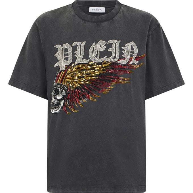 Washed Round Neck T-Shirt Eagle Skull Skull