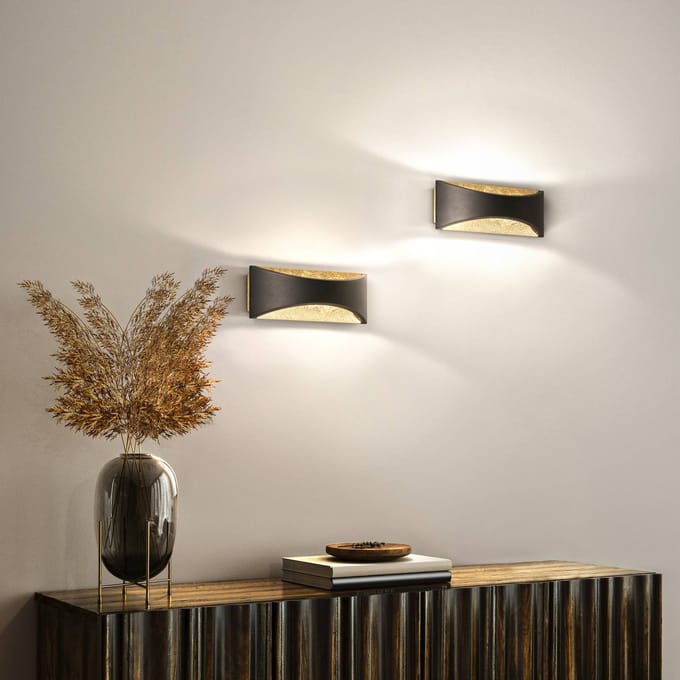 FISCHER & HONSEL LED wandlamp Rio, zwart/bladgoud, breedte 23 cm, metaal