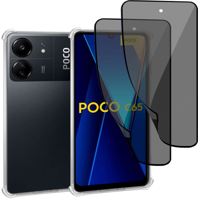 Geschikt voor Poco C65 - Hoesje + 2x Screenprotector – Gehard Glas Cover + Shock Proof Case - Transparant