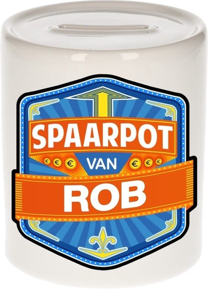 Bellatio Decorations Kinder spaarpot met naam - Rob - keramiek - met dop - wit - Sparen - Spaargeld van Rob