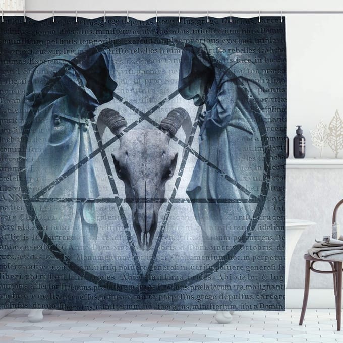 ABAKUHAUS Horror Huis Douchegordijn, Teufel Traum Eng, Stoffen Badkamerdecoratieset met Haken, 175 x 200 cm, Blauw