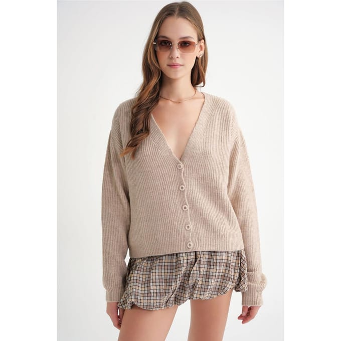Geribde V-Hals Knopen Cardigan