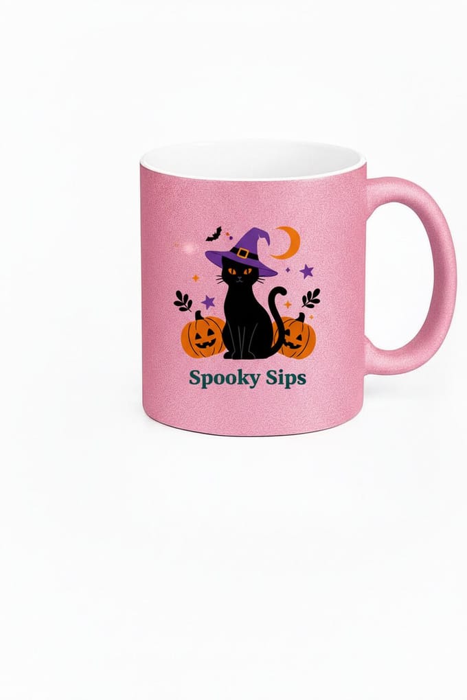 Spooky Sips Halloween Mok - Roze Glitter Kat Heks Design