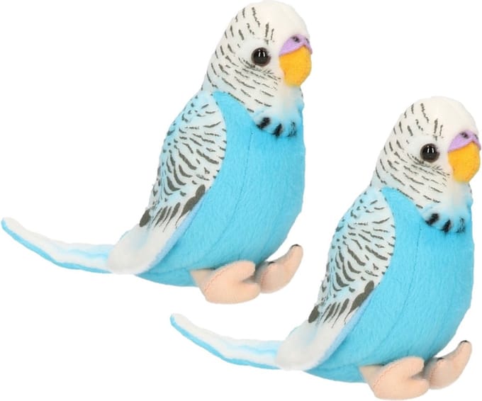 Heunec Knuffel Parkiet - 2x stuks - blauw - pluche - grasparkiet - 11 cm