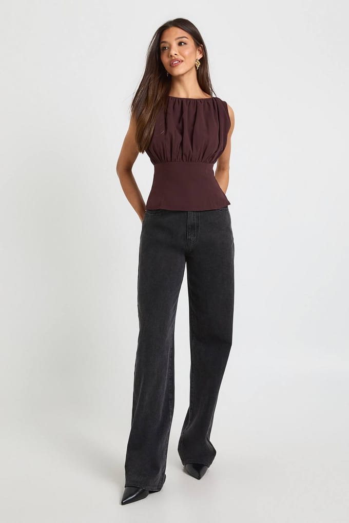 boohoo Dames Chiffon top met ruches | Chocolate | Maat: 6