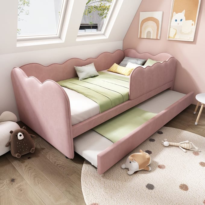 REDOM Dagbed met Uitschuifbed – Wolkvormig ontwerp – Fluweel – Roze – 90 x 190 cm