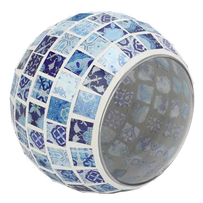 Theelichthouder Blauw en Wit Glasmozaïek Bloempatronen Warm Romantisch Handgemaakt gray