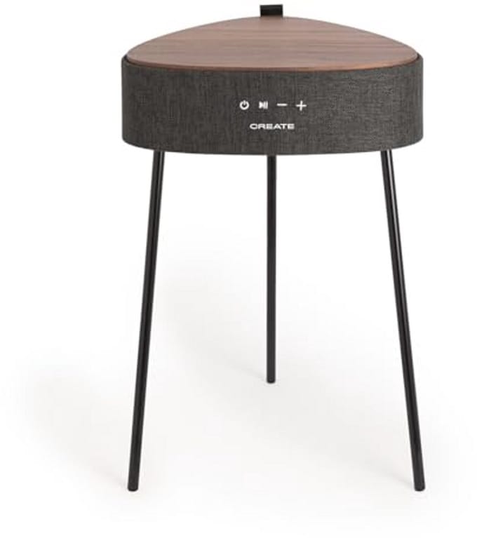 Tafelluidspreker met Bluetooth en Draadloze Oplader - Donker Hout, Unidirectioneel Geluid, 5 Uur Batterijduur