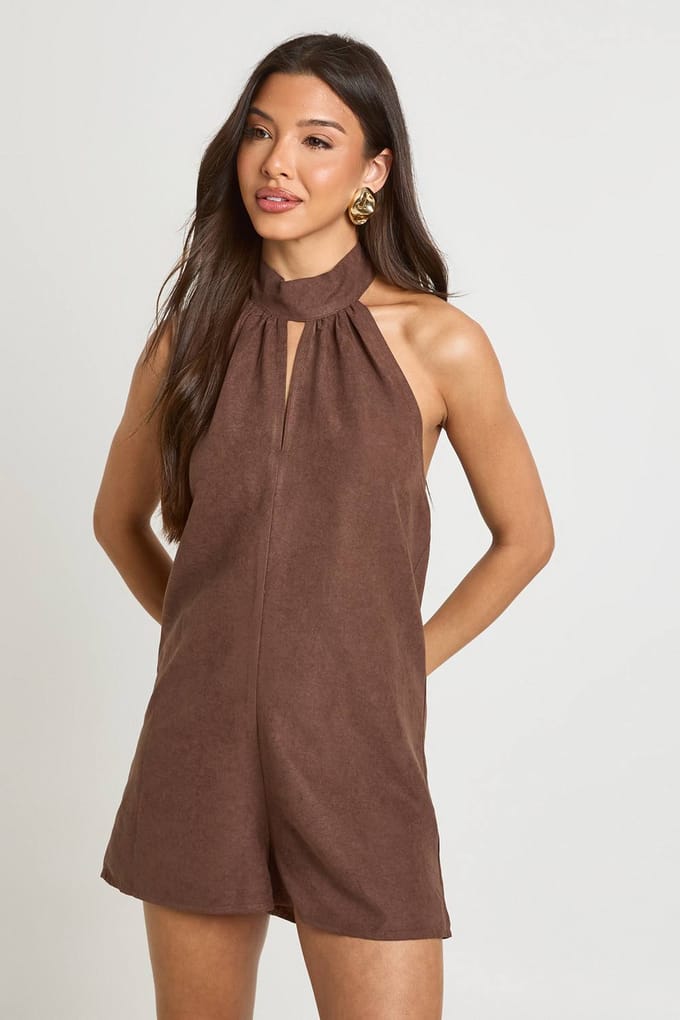 boohoo Dames Gestructureerde Halterneck Playsuit | Chocoladebruin | Maat: 38