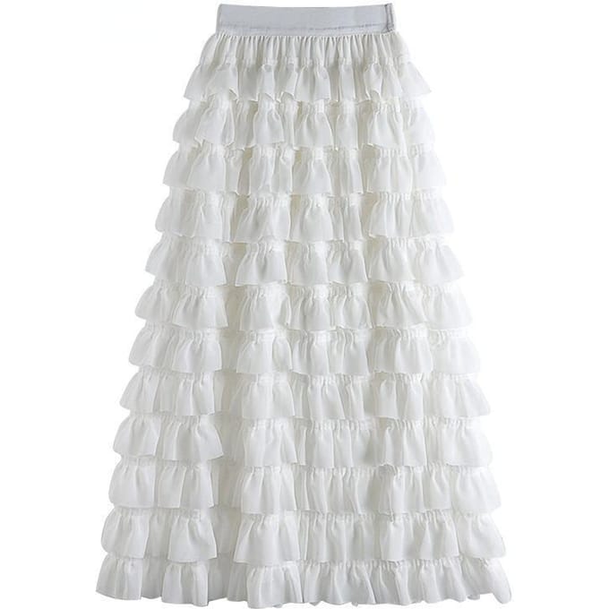 Lente Effen Kleur Nieuwe Lange Chiffon Stiksels Elastische Rok Chiffon Meerlaags Dames M white