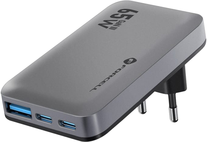 Forcell, GaN III Oplader 65W - 2x USB-C + USB - Snellader - Ultra-thin, Grijs