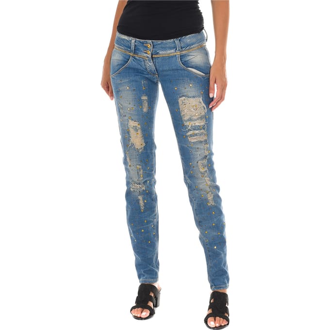 Lange denim broek versleten en gescheurd effect 10DB50128 vrouw