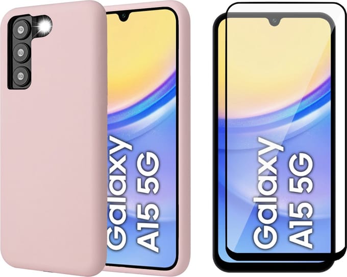 Hoesje geschikt voor Samsung Galaxy A15 - Screenprotector Volledig Dekkend Glas - Mat Back Case Roze